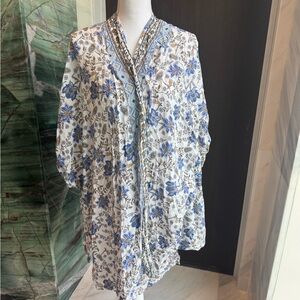 Anthropology Feathers by Tolani White Floral Blue Kimono Cardigan